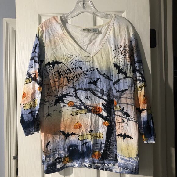 Vintage Halloween Womens Size XL‎ Tee Shirt Sequins Pumpkin Bat Black Cat Y2K - Picture 1 of 8